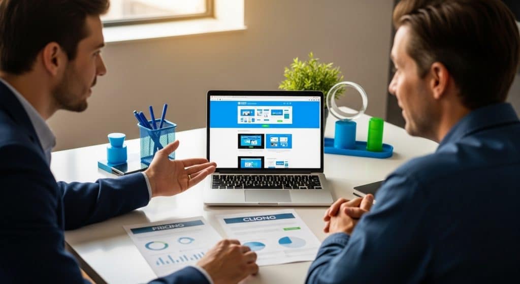 Web design pricing South Africa — web designer presenting website proposal and costs to SA business owner