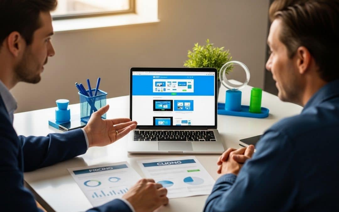 Web design pricing South Africa — web designer presenting website proposal and costs to SA business owner