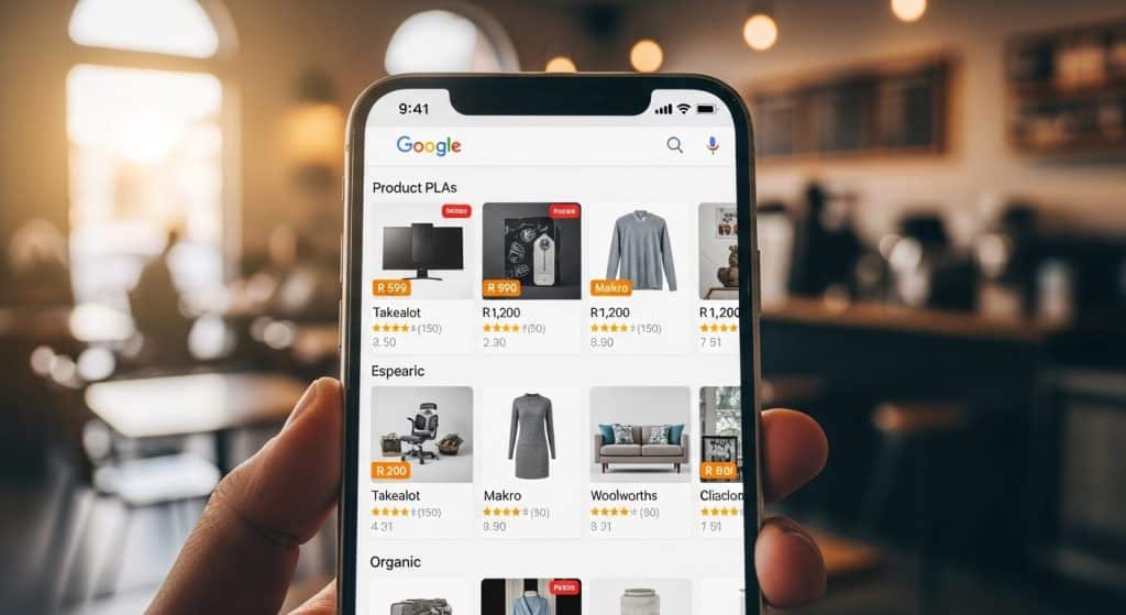What is Google Shopping South Africa — Google search results page showing product listing ads with images prices and store names for South African products