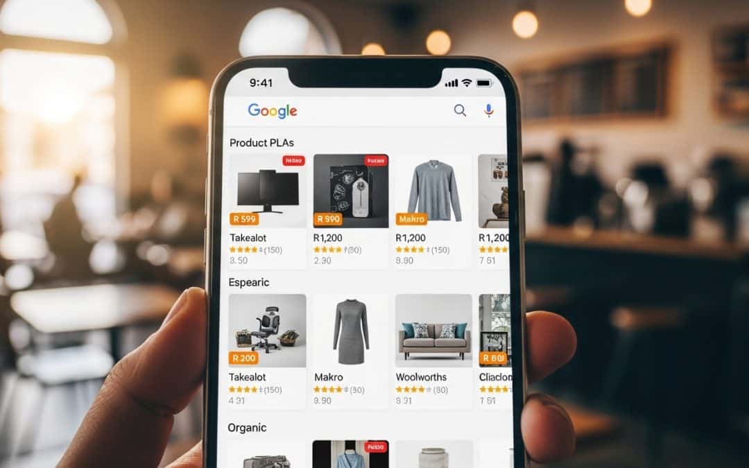 What is Google Shopping South Africa — Google search results page showing product listing ads with images prices and store names for South African products