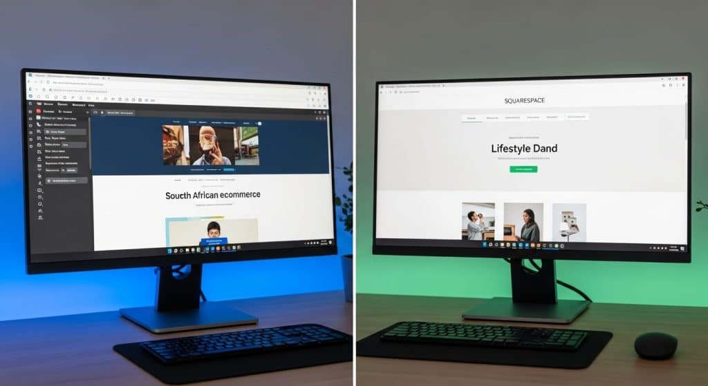WordPress vs Squarespace South Africa — split-screen comparison of both platform dashboards