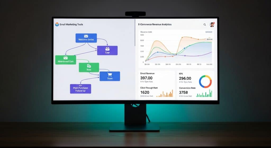ActiveCampaign vs Klaviyo South Africa — split comparison showing email marketing automation workflow and ecommerce revenue dashboard on a large monitor