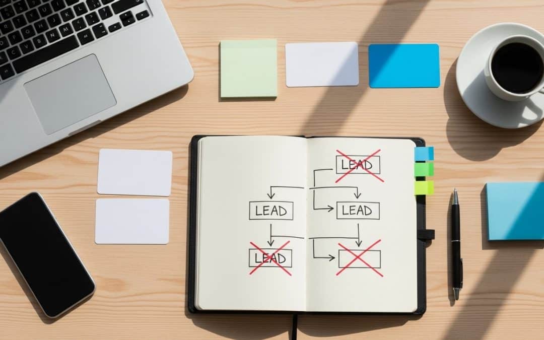 B2B lead generation mistakes shown in a flat-lay arrangement of crossed-out CRM dashboard sketches, scattered business cards, and a notebook with strategy errors marked in red