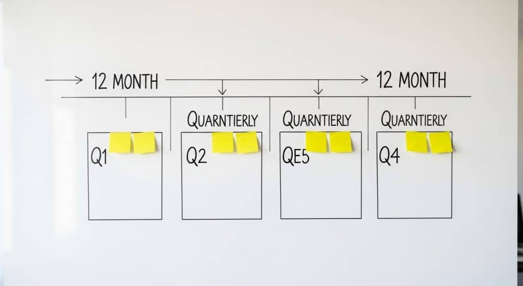 B2B lead generation strategy South Africa — a whiteboard showing a 12-month timeline with quarterly milestones and sticky notes