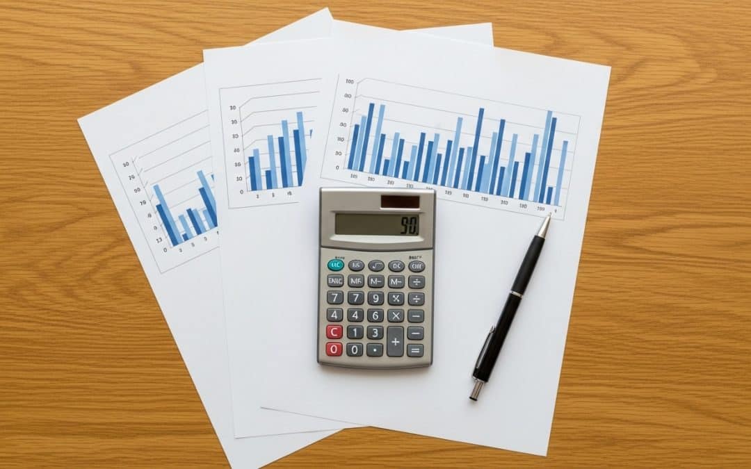 Cost of B2B lead generation South Africa — a flat-lay of printed budget sheets, a calculator, and a pen arranged on a light wood desk