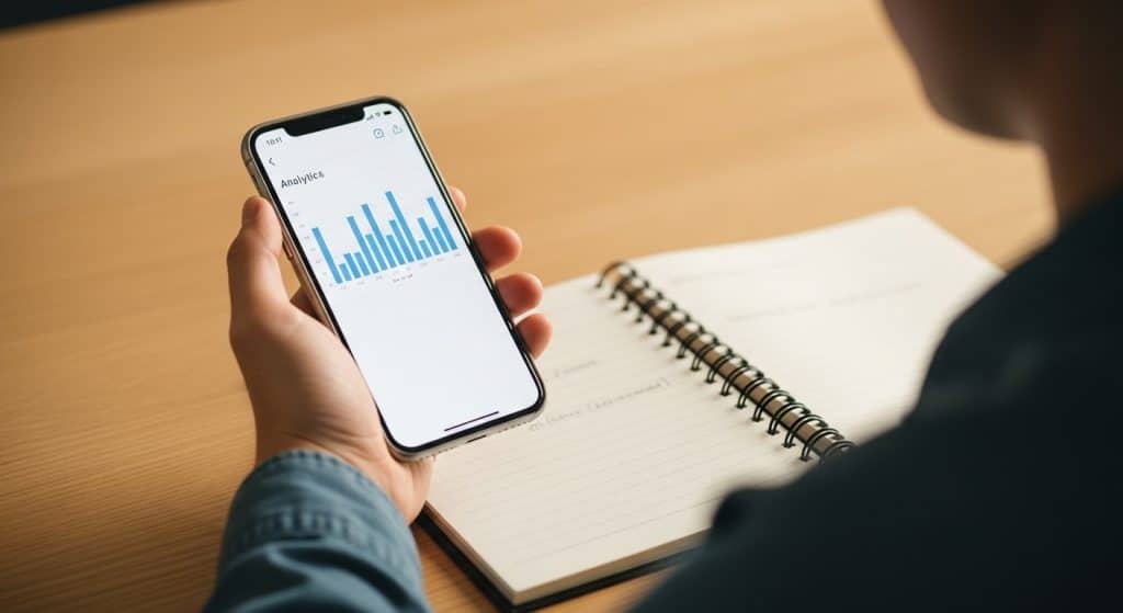 Cost of ecommerce marketing South Africa — a hand holding a smartphone showing a generic analytics dashboard, beside an open notebook on a desk