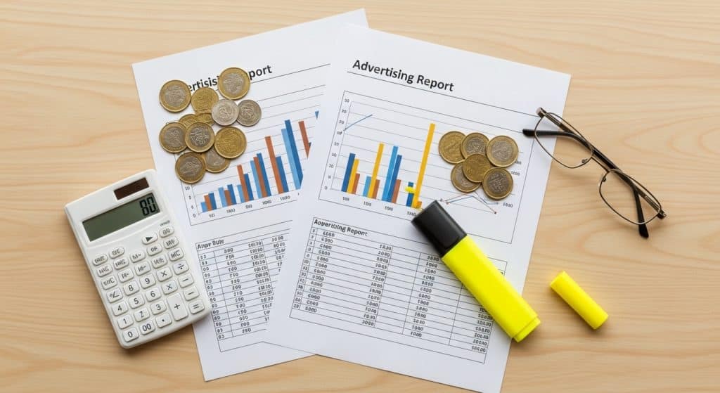 Cost per click South Africa — flat-lay of printed Google Ads report pages with South African Rand coins and a calculator on a light wooden desk