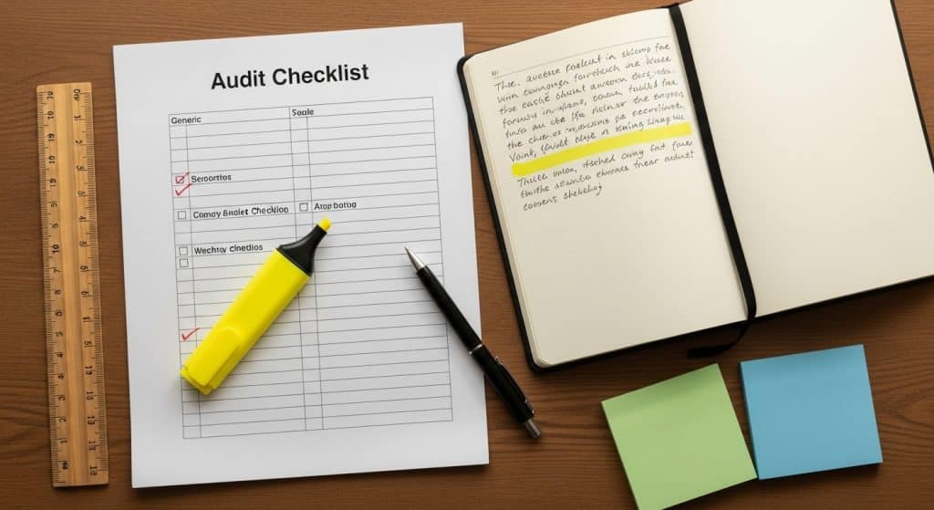 CRO audit South Africa — printed audit checklist, notebook, highlighter, and ruler flat-lay on a wooden desk