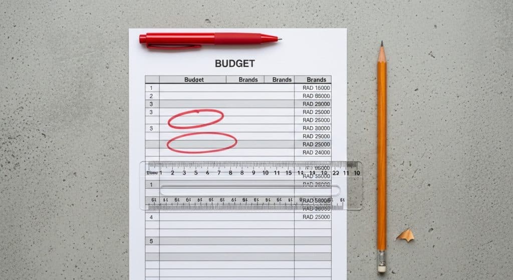 Digital marketing budget South Africa — a budget planning spreadsheet printed on paper with Rand amounts circled in red pen, beside a ruler and pencil on a desk