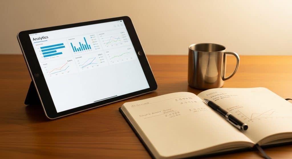Digital marketing industry data South Africa — tablet showing analytics dashboard beside open notebook