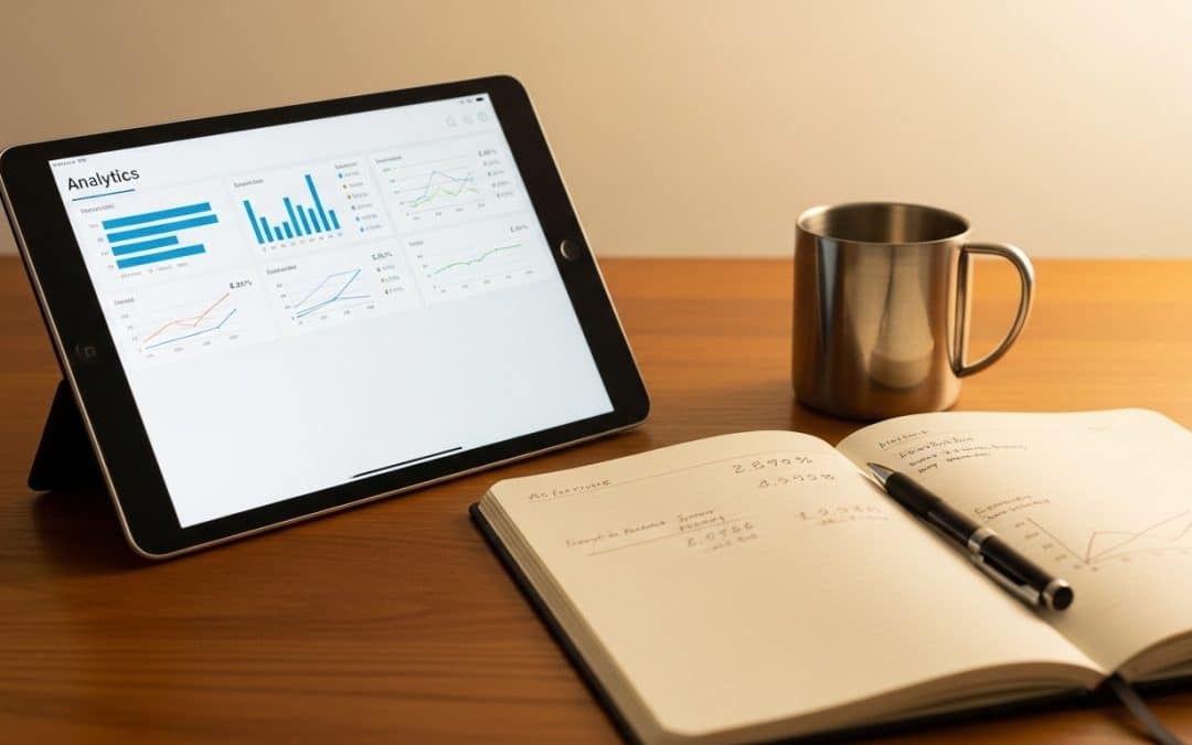 Digital marketing industry data South Africa — tablet showing analytics dashboard beside open notebook