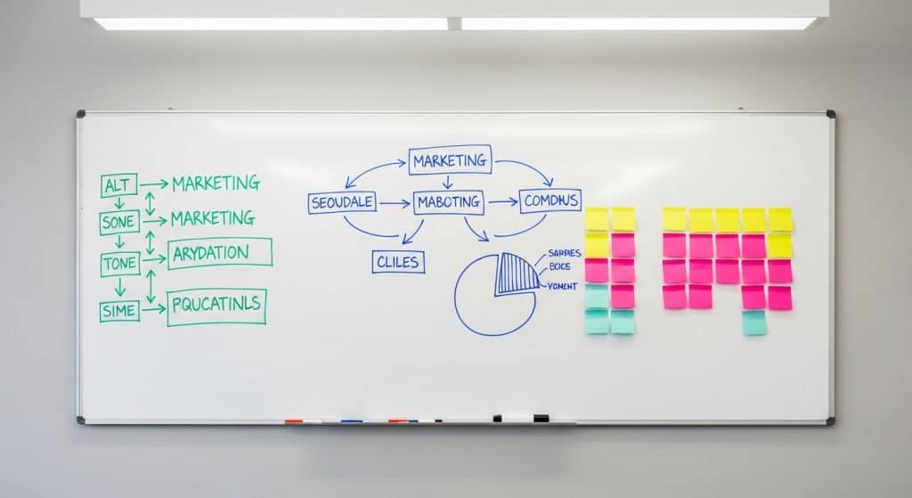 Digital marketing trends South Africa — whiteboard with hand-drawn strategy diagrams and colourful sticky notes in a bright meeting room