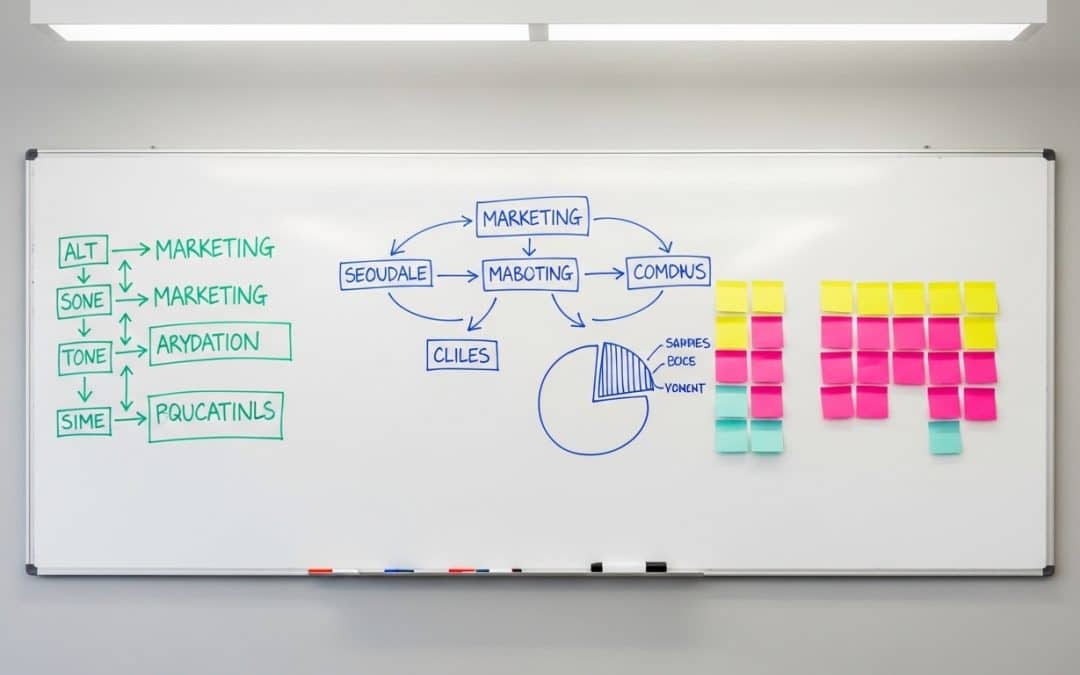 Digital marketing trends South Africa — whiteboard with hand-drawn strategy diagrams and colourful sticky notes in a bright meeting room