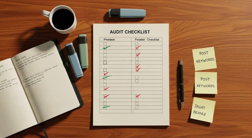Digital strategy audit South Africa — flat-lay of printed audit checklist, notebook and pen on wooden desk