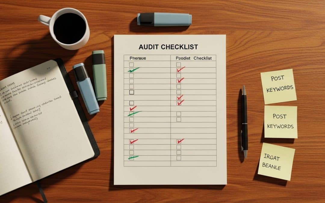 Digital strategy audit South Africa — flat-lay of printed audit checklist, notebook and pen on wooden desk