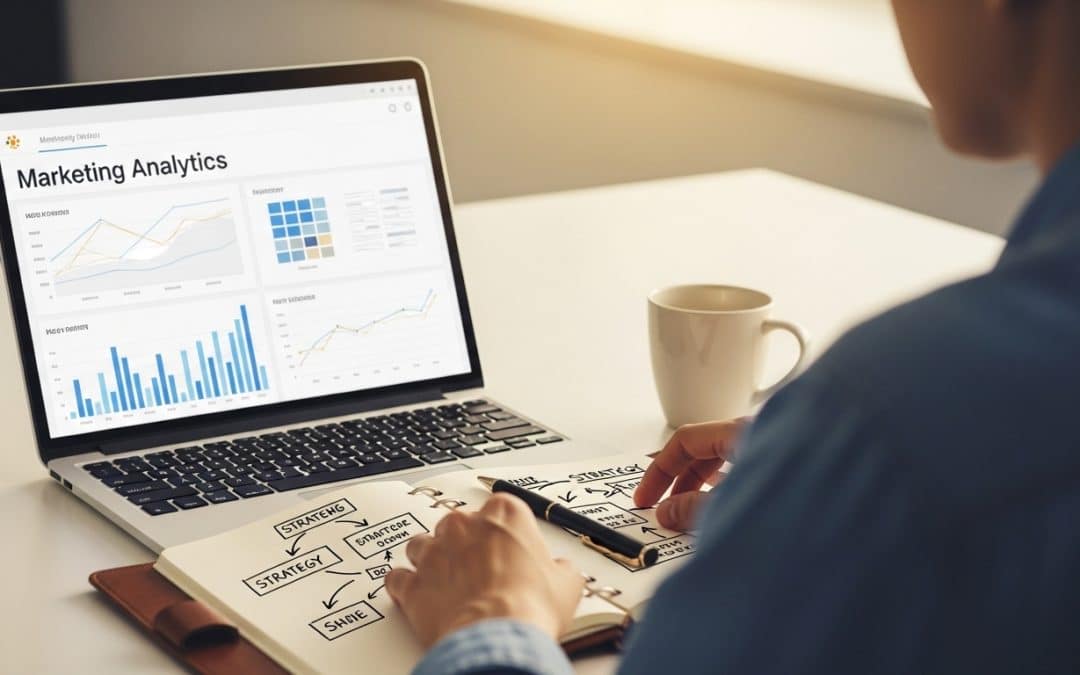 Digital strategy South Africa — over-the-shoulder view of strategist reviewing marketing dashboard on laptop