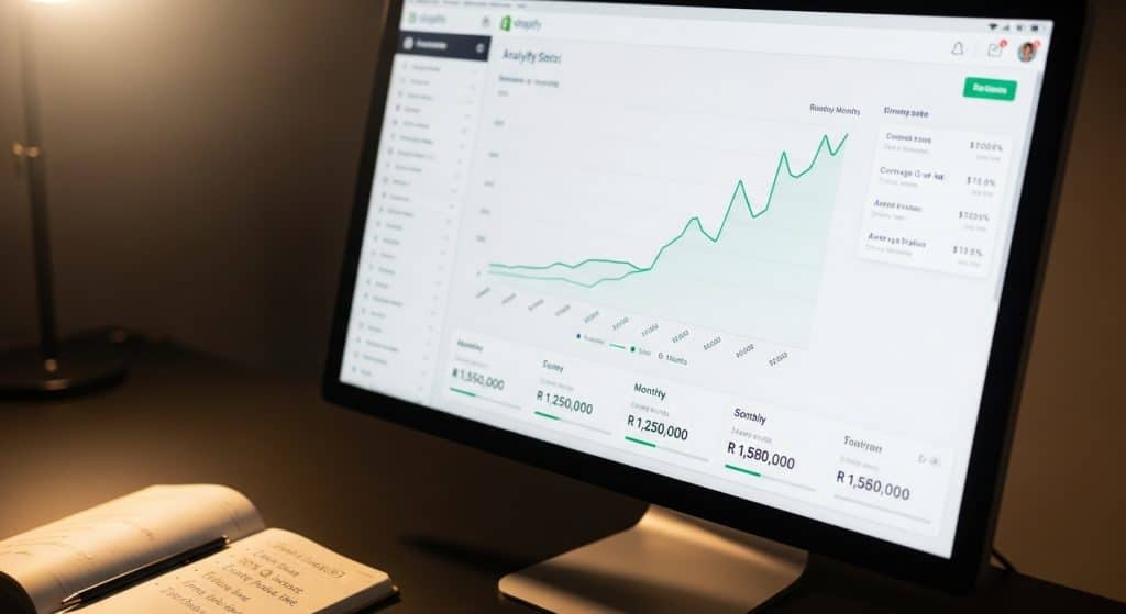 Ecommerce growth strategy South Africa — analytics dashboard showing revenue growth curve on a desktop monitor with South African store data
