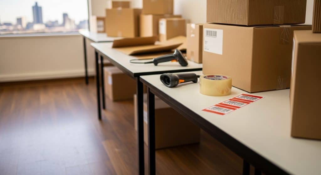 Ecommerce market size South Africa shown through a small Johannesburg retail interior with packaging tables and shipping boxes