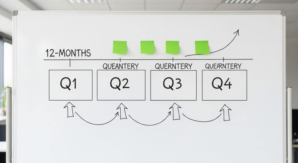 Ecommerce marketing strategy South Africa — a whiteboard with a 12-month timeline showing quarterly milestones for an online store