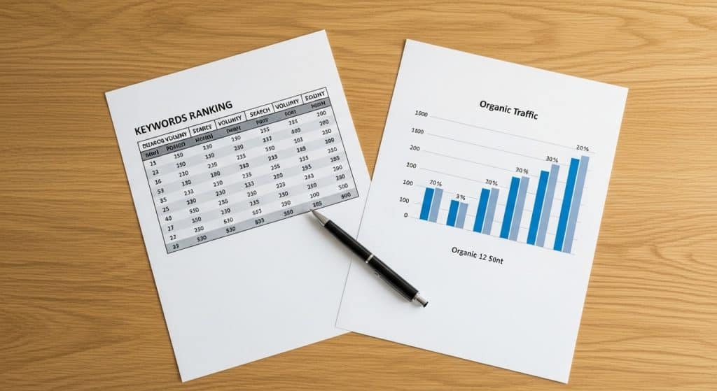 Ecommerce SEO agency South Africa — a keyword ranking report and organic traffic growth chart spread open on a conference table with a pen resting across them