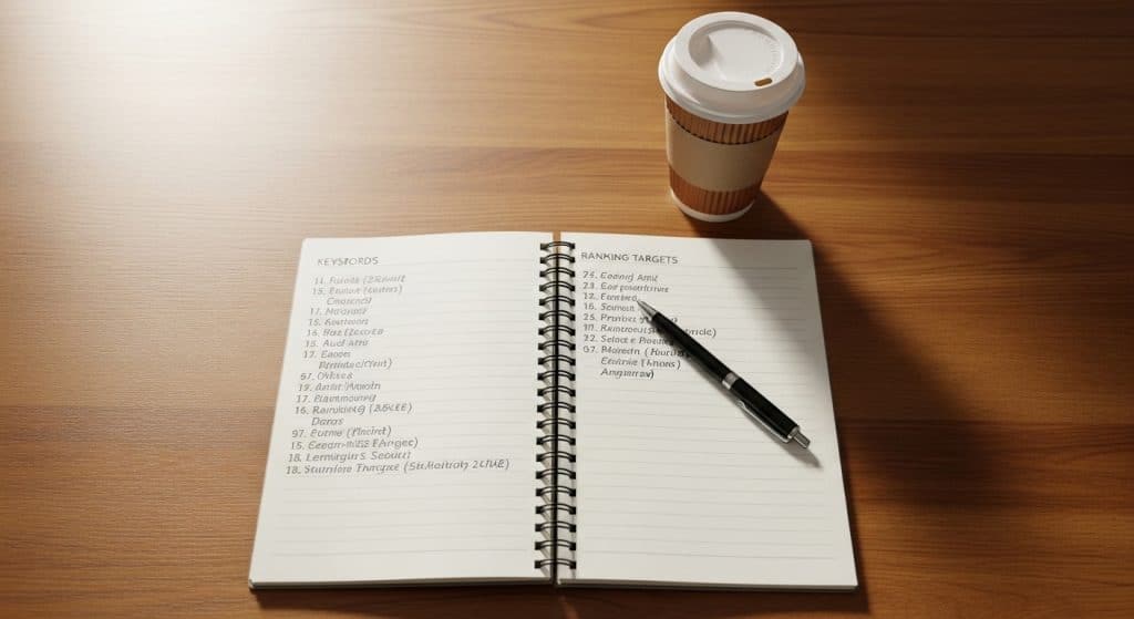 Ecommerce SEO strategy South Africa — open notebook with a handwritten keyword research list and SEO ranking notes next to a coffee cup on a wooden desk