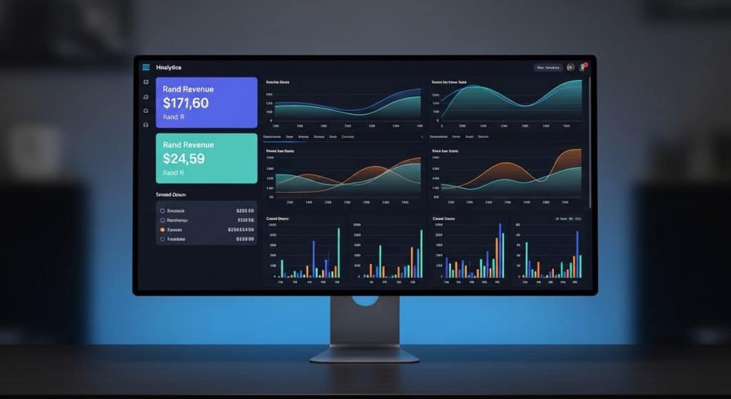 Ecommerce statistics South Africa 2026 — analytics dashboard showing SA online retail growth charts and key metrics on a large monitor