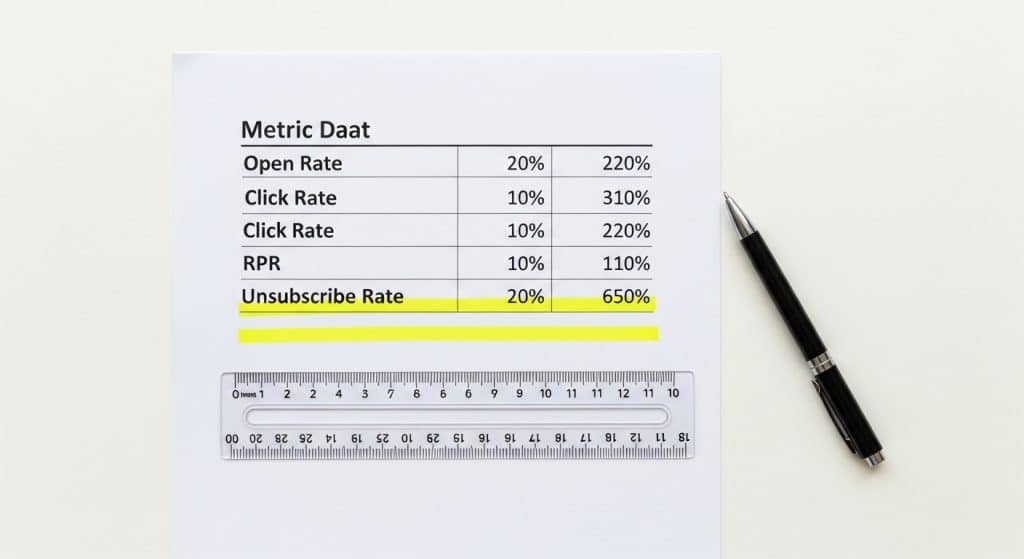 Email marketing benchmarks South Africa 2026 — a printed benchmark data sheet with highlighted percentages beside a ruler and pen on a clean white surface