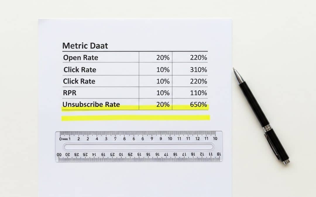 Email marketing benchmarks South Africa 2026 — a printed benchmark data sheet with highlighted percentages beside a ruler and pen on a clean white surface