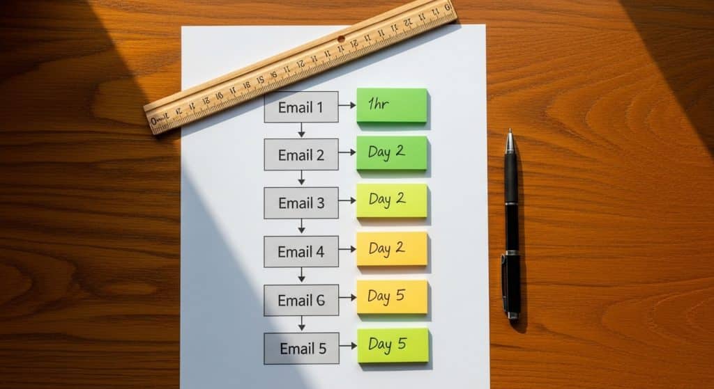 Email marketing for ecommerce South Africa — a printed email flow sequence diagram spread across a wooden desk beside a ruler and colour-coded sticky notes