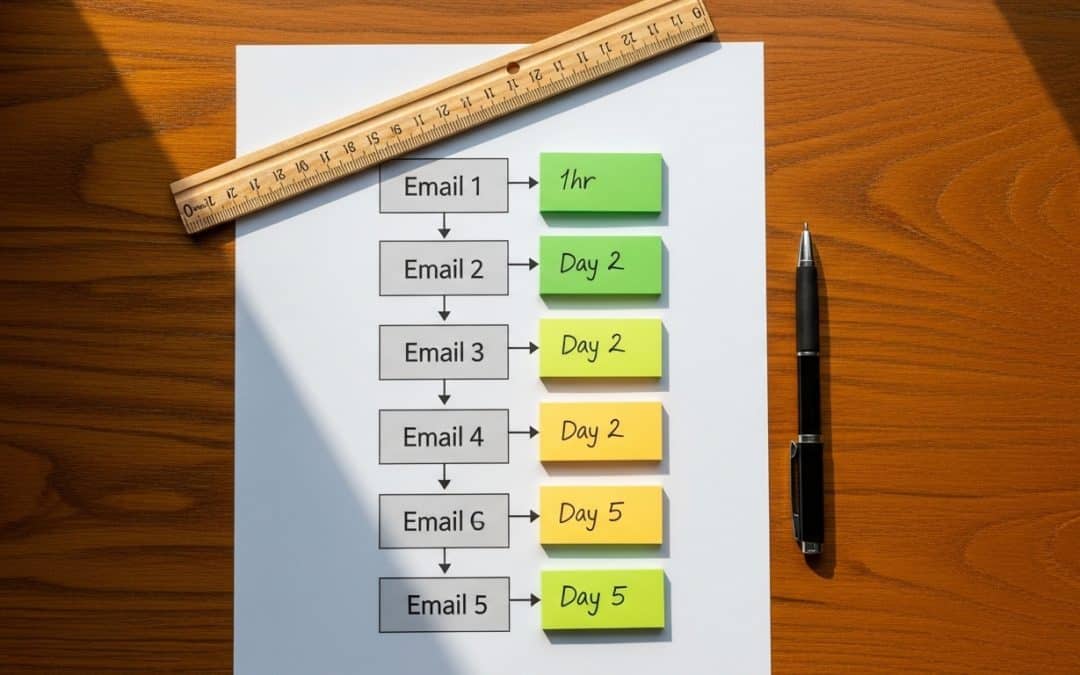 Email marketing for ecommerce South Africa — a printed email flow sequence diagram spread across a wooden desk beside a ruler and colour-coded sticky notes