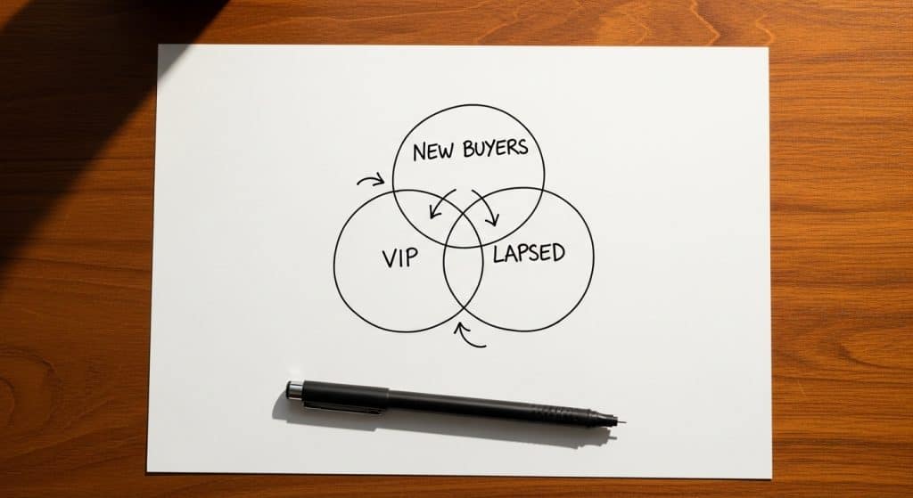 Email segmentation South Africa — a hand-drawn audience segmentation diagram on white paper showing grouped circles with labels on a wooden desk
