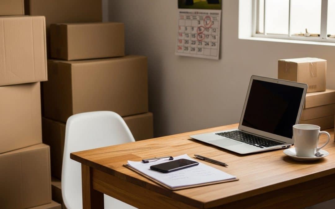 Expensive ecommerce mistakes shown in a small South African warehouse-office space with stacked unopened product boxes, a cluttered desk with a laptop showing a generic store dashboard, and a wall calendar with red circled dates indicating delays