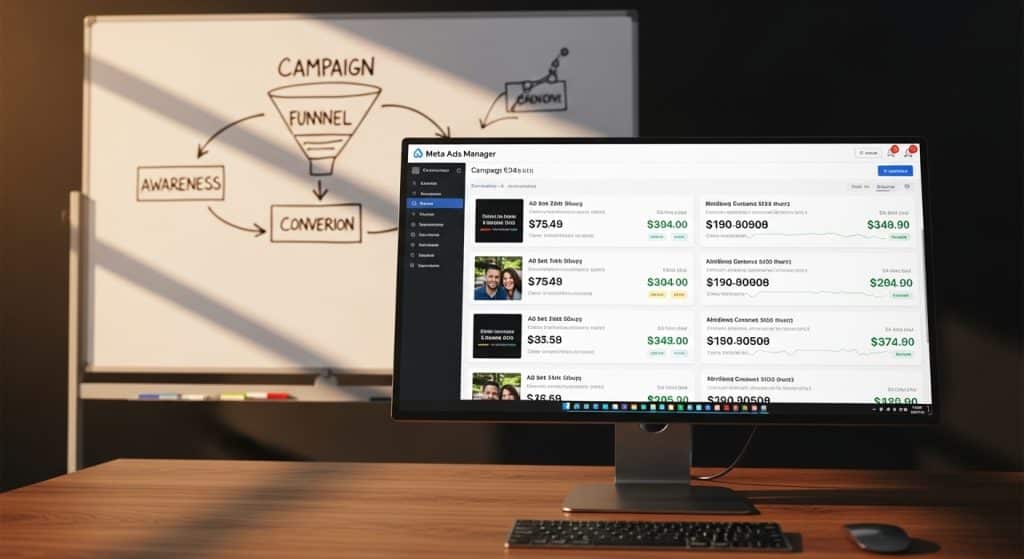 Facebook Ads strategy South Africa — strategy planning session with Meta Ads Manager open on monitor and campaign notes on whiteboard