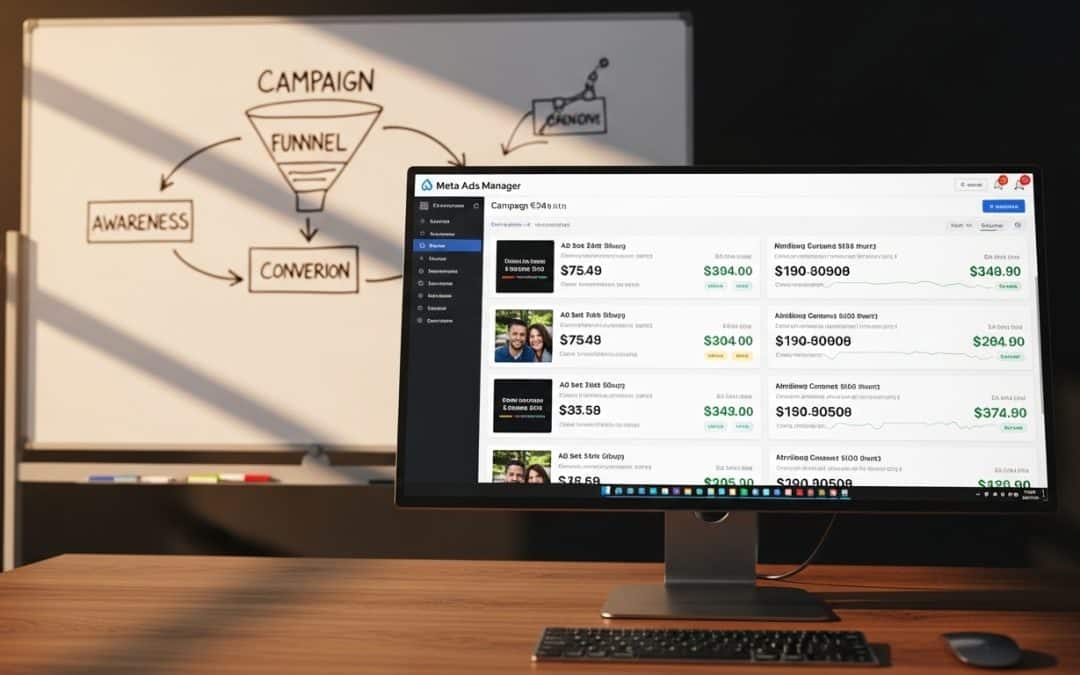 Facebook Ads strategy South Africa — strategy planning session with Meta Ads Manager open on monitor and campaign notes on whiteboard