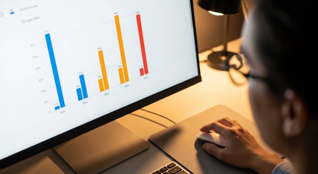 Google Ads benchmarks South Africa 2026 — a person's hand using a mouse beside a monitor showing a bar chart dashboard with coloured performance columns