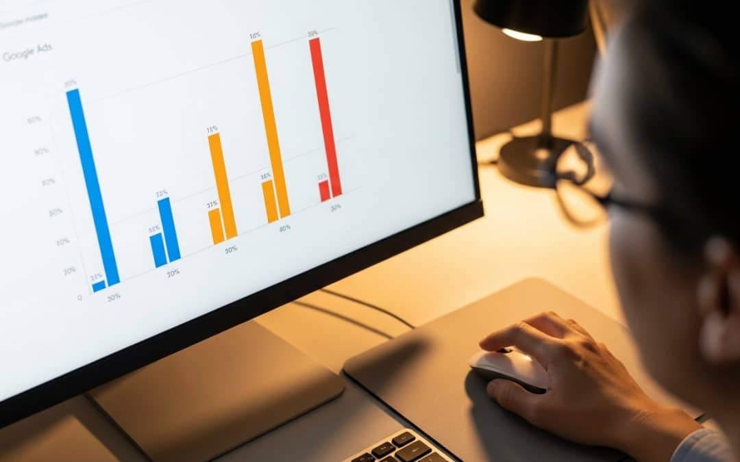 Google Ads benchmarks South Africa 2026 — a person's hand using a mouse beside a monitor showing a bar chart dashboard with coloured performance columns