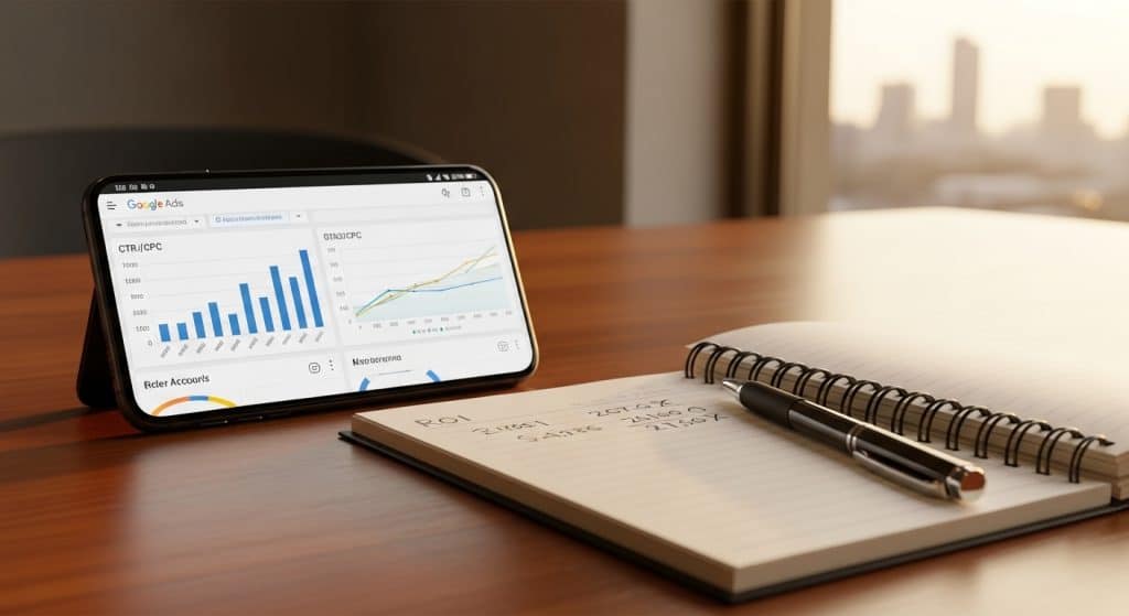 Google Ads CPC CTR benchmarks South Africa shown on a smartphone propped beside an open notebook