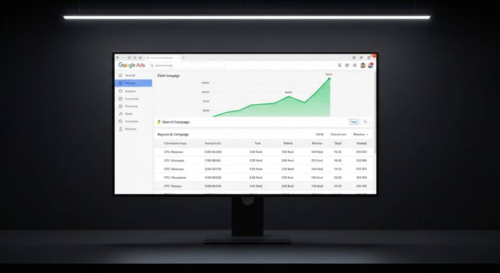 Google Ads for small business South Africa — Google Ads dashboard showing Search campaign keyword performance and cost per click metrics on a large monitor