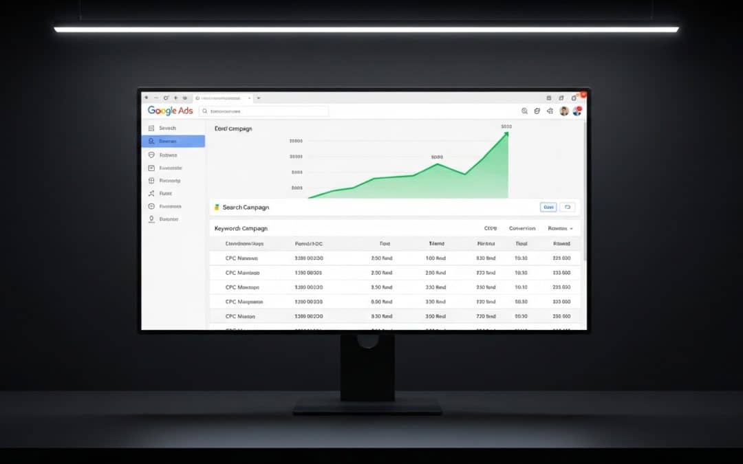 Google Ads for small business South Africa — Google Ads dashboard showing Search campaign keyword performance and cost per click metrics on a large monitor