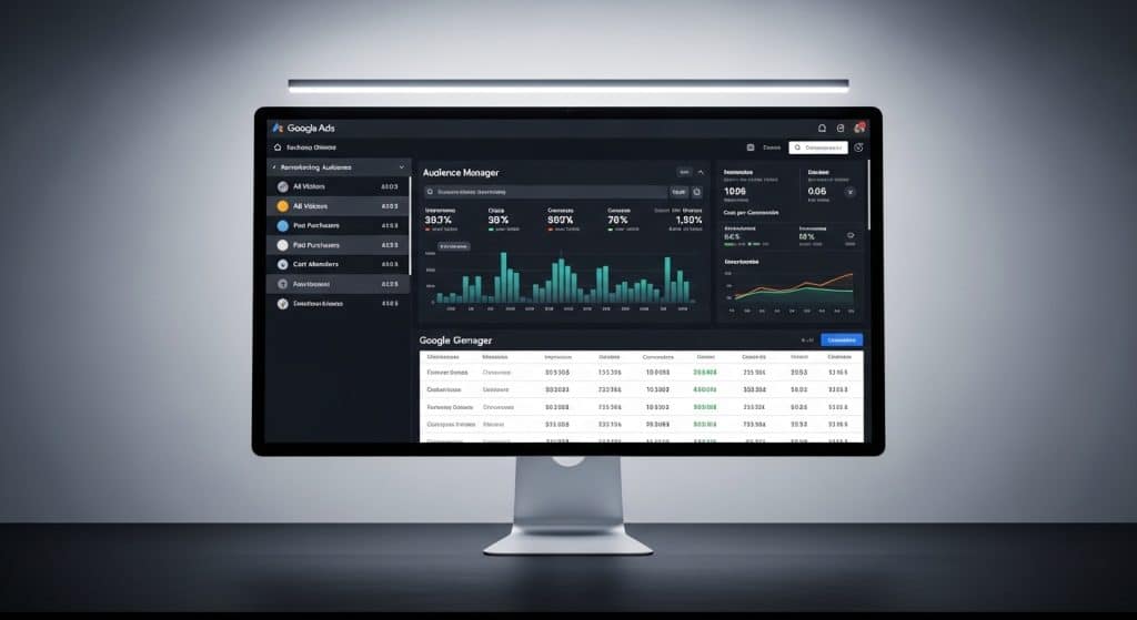 Google Ads remarketing South Africa — Google Ads audience manager showing remarketing lists and audience segment sizes on a large monitor