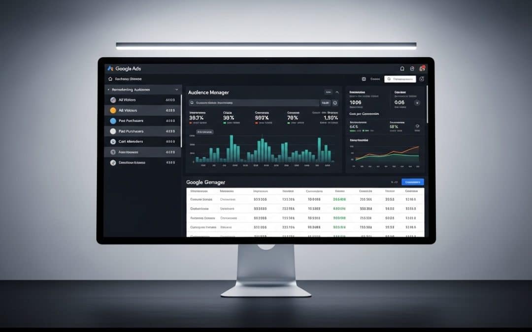 Google Ads remarketing South Africa — Google Ads audience manager showing remarketing lists and audience segment sizes on a large monitor