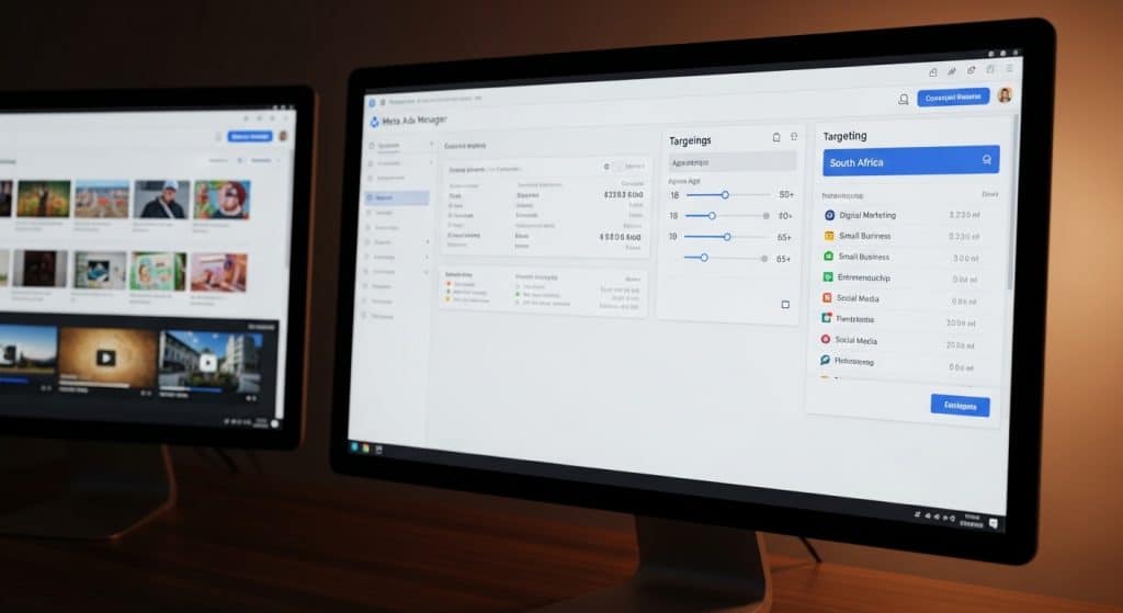 How Facebook Ads work in South Africa — Meta Ads Manager dashboard open on a monitor showing a South African campaign with audience targeting settings visible