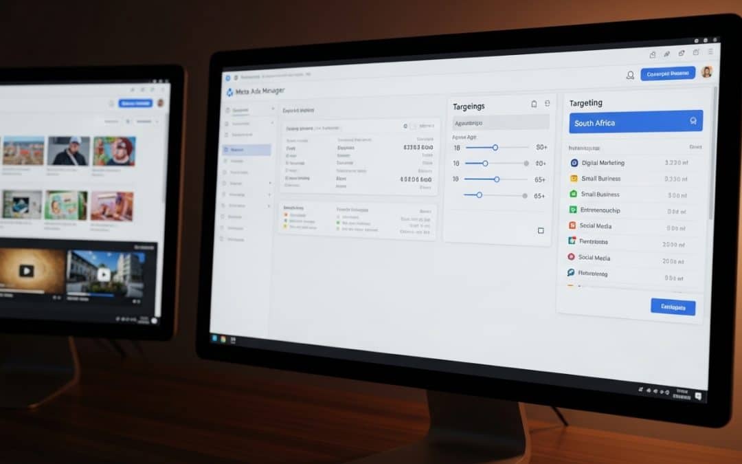 How Facebook Ads work in South Africa — Meta Ads Manager dashboard open on a monitor showing a South African campaign with audience targeting settings visible