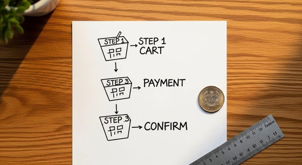 How to reduce cart abandonment South Africa — a hand-sketched checkout flow diagram on white paper beside a South African Rand coin on a wooden surface