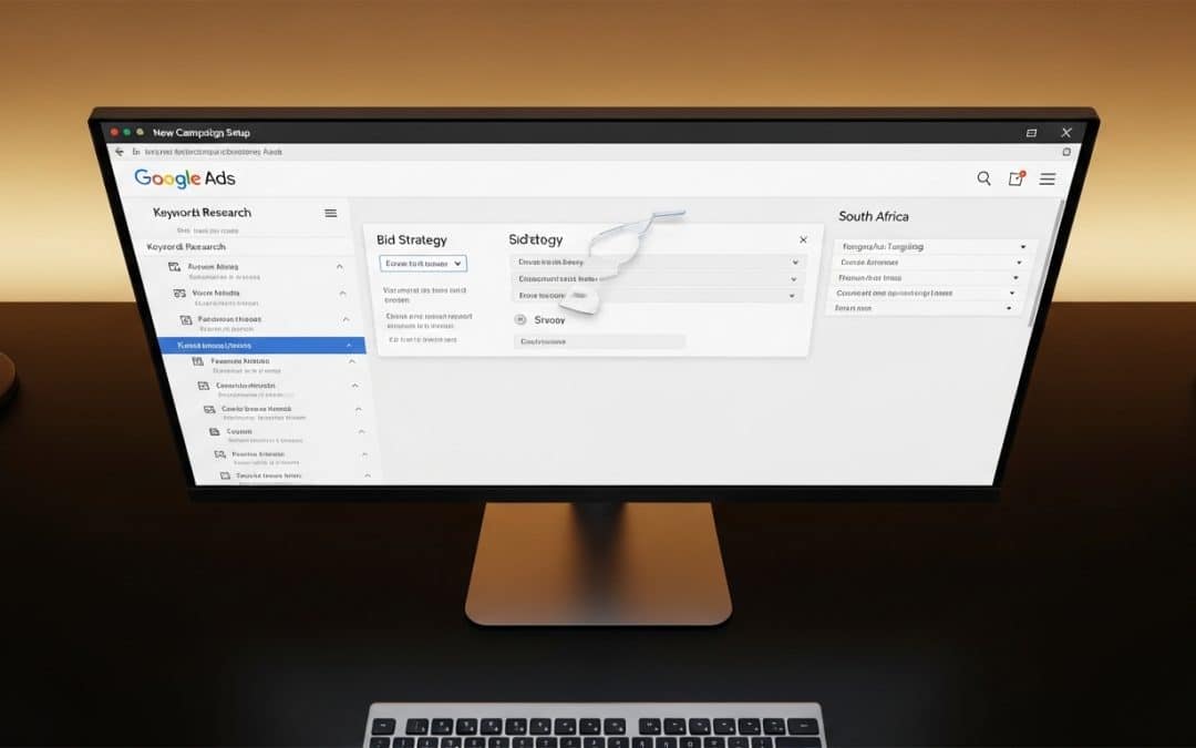 How to run Google Ads in South Africa — Google Ads campaign setup interface open on a large monitor showing keyword targeting and bid settings for a South African campaign