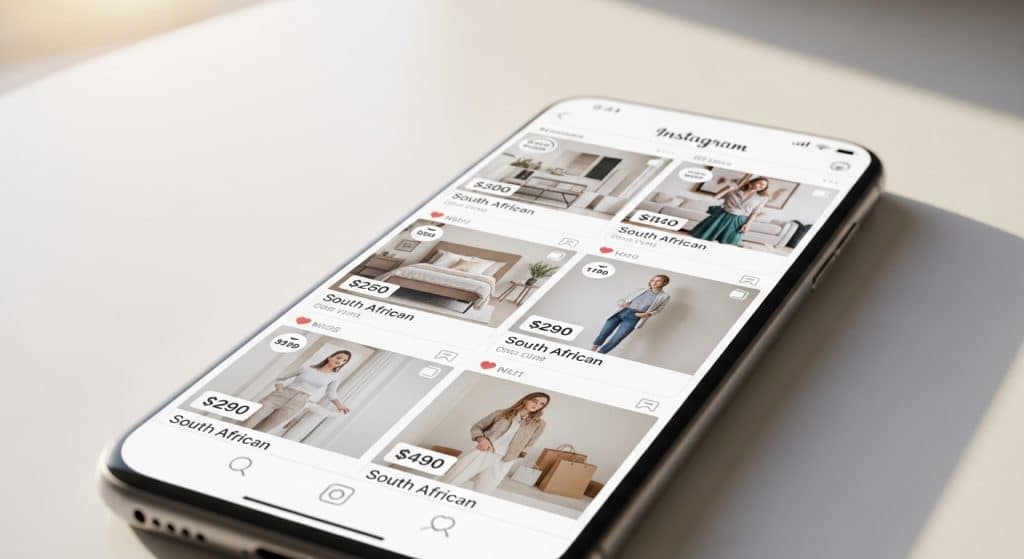 Instagram marketing for SA ecommerce — smartphone displaying an Instagram shop product feed for a South African lifestyle brand with shoppable tags visible