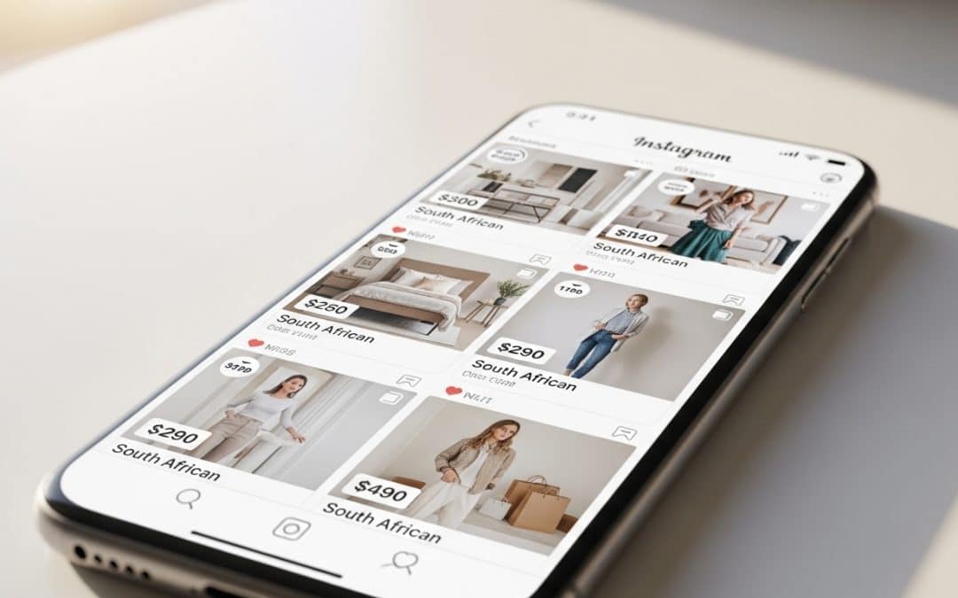 Instagram marketing for SA ecommerce — smartphone displaying an Instagram shop product feed for a South African lifestyle brand with shoppable tags visible