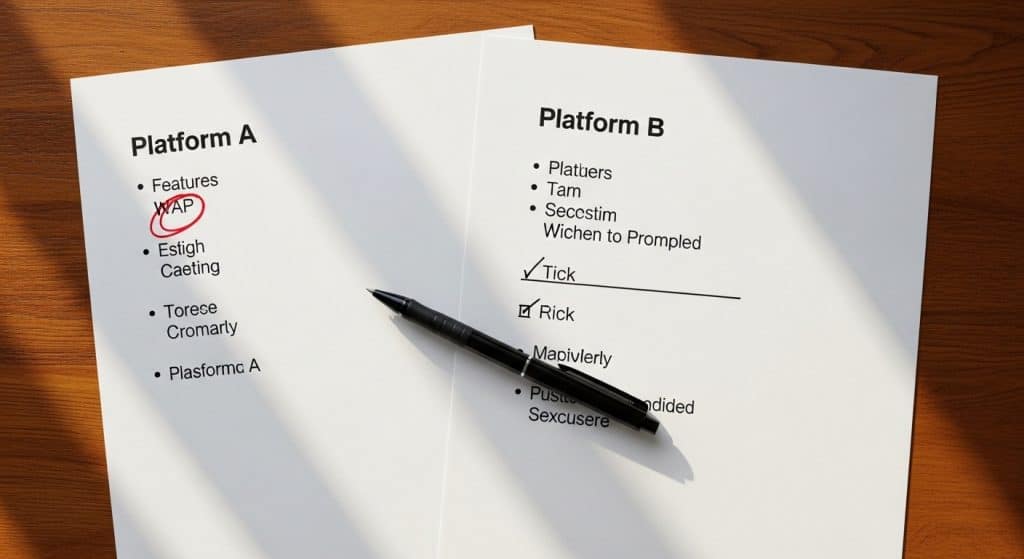 Klaviyo vs HubSpot South Africa — two printed platform comparison sheets placed side by side on a wooden desk with a pen marking differences
