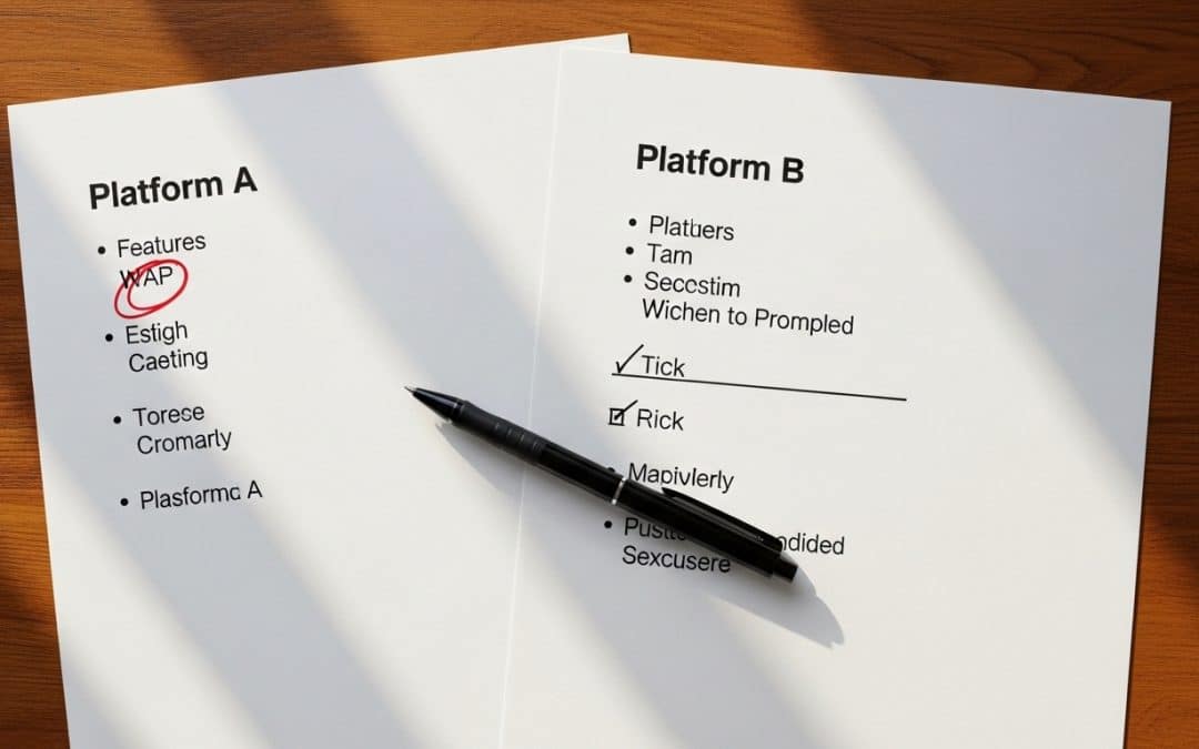 Klaviyo vs HubSpot South Africa — two printed platform comparison sheets placed side by side on a wooden desk with a pen marking differences