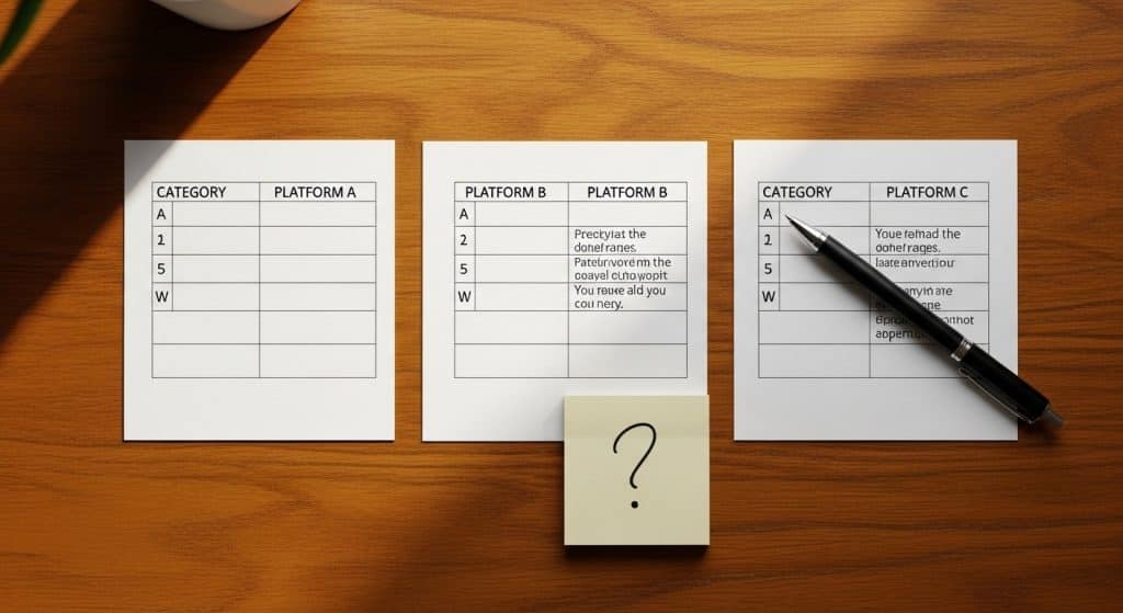 Klaviyo vs Mailchimp vs Omnisend South Africa — three printed platform summary cards arranged side by side on a wooden desk with a pen pointing at one